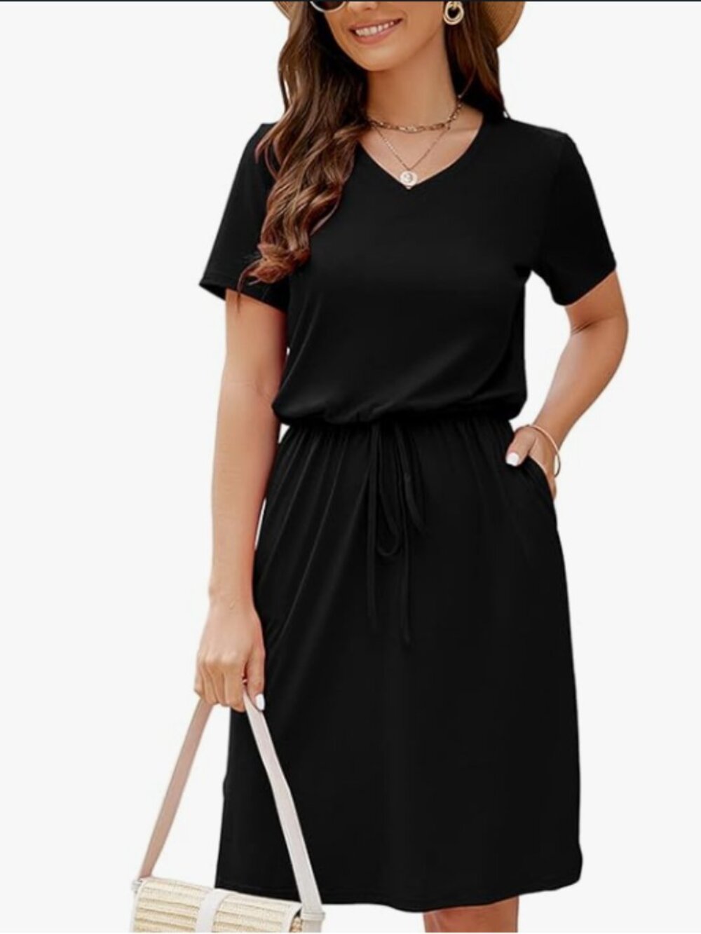 Huskary Black V-Neck Short Sleeve Midi Dress with Drawstring Waist and Pocket.